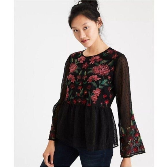 American Eagle Outfitters Embroidered Peplum Top Long Bell Sleeve Floral Size S - Picture 7 of 12